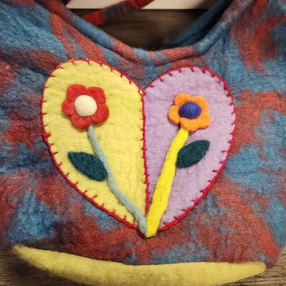 Vintage Handmade Felted Wool Double Strap Bag Purse Boho Hippie‎ Flower Tie Dye